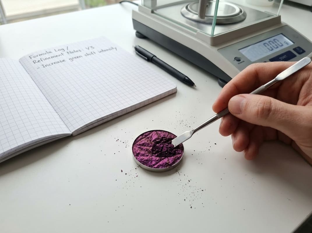 Technician refining an eyeshadow formula or comparing product iterations