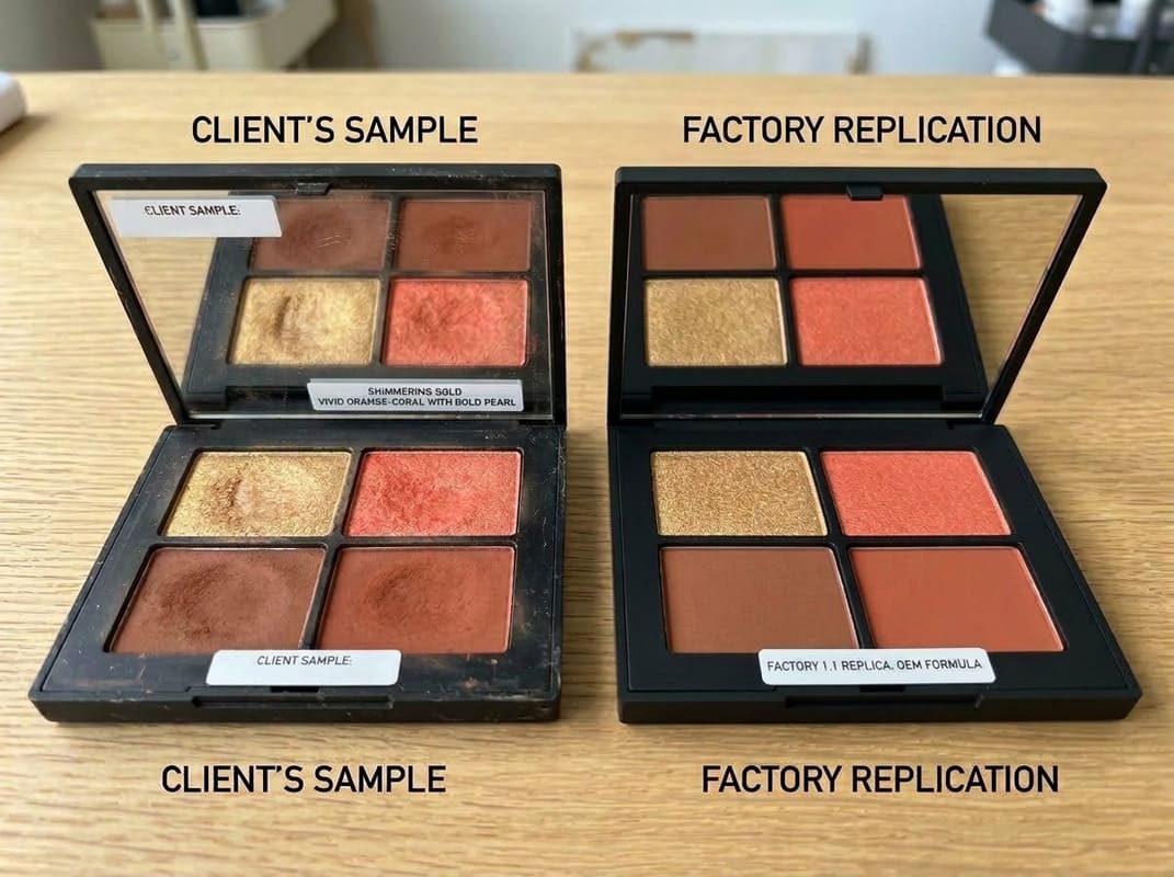 Designer comparing color swatches for precise cosmetic shade matching