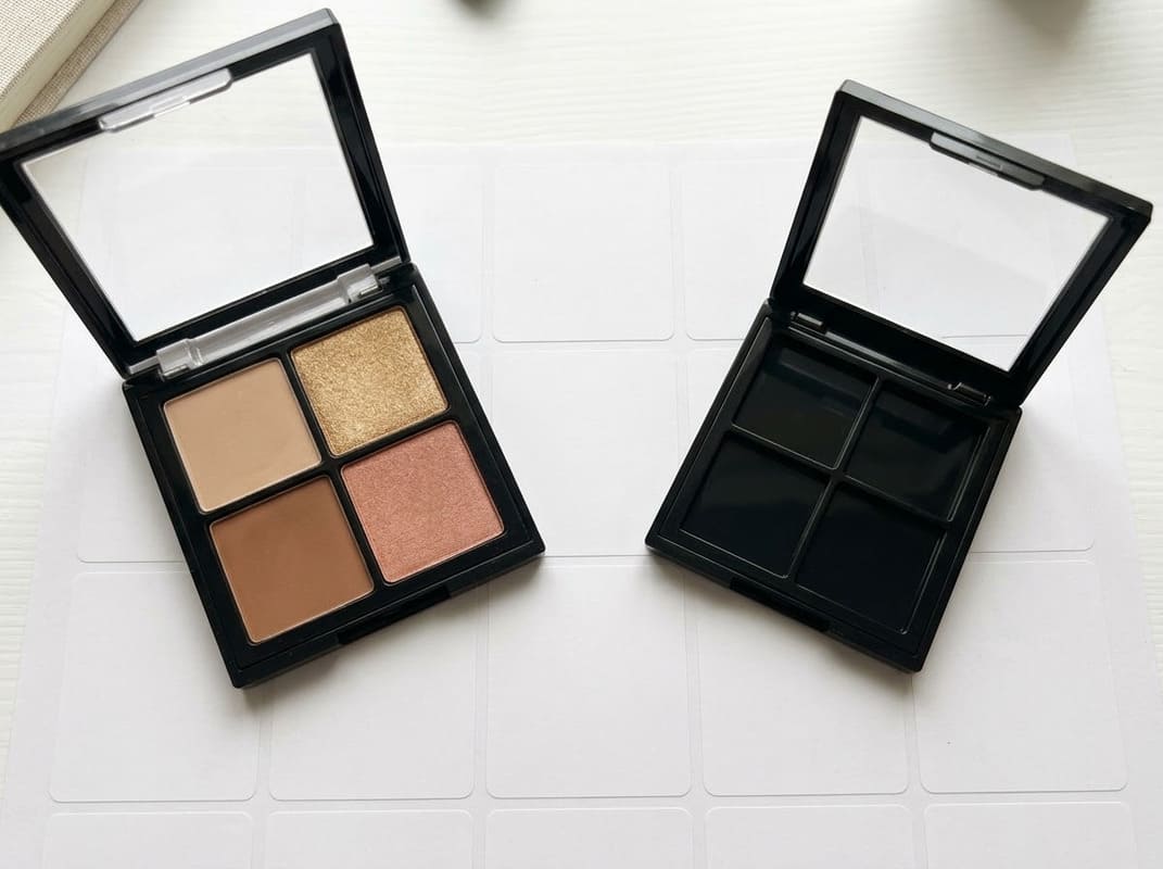 Small powder cosmetic pans prepared as color samples