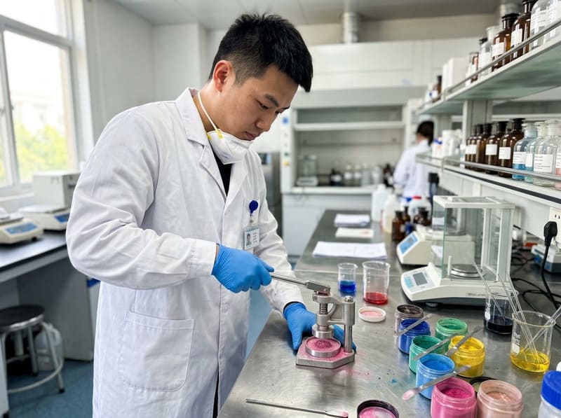 Powder textures, pigments, laboratory dishes, and formula trials