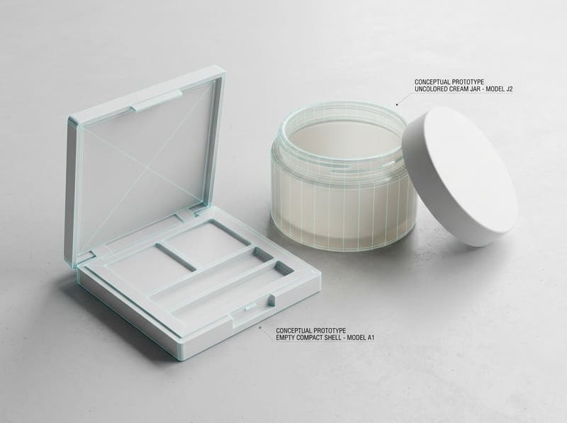 Cosmetic products and packaging prepared for custom materials, structures, and printing
